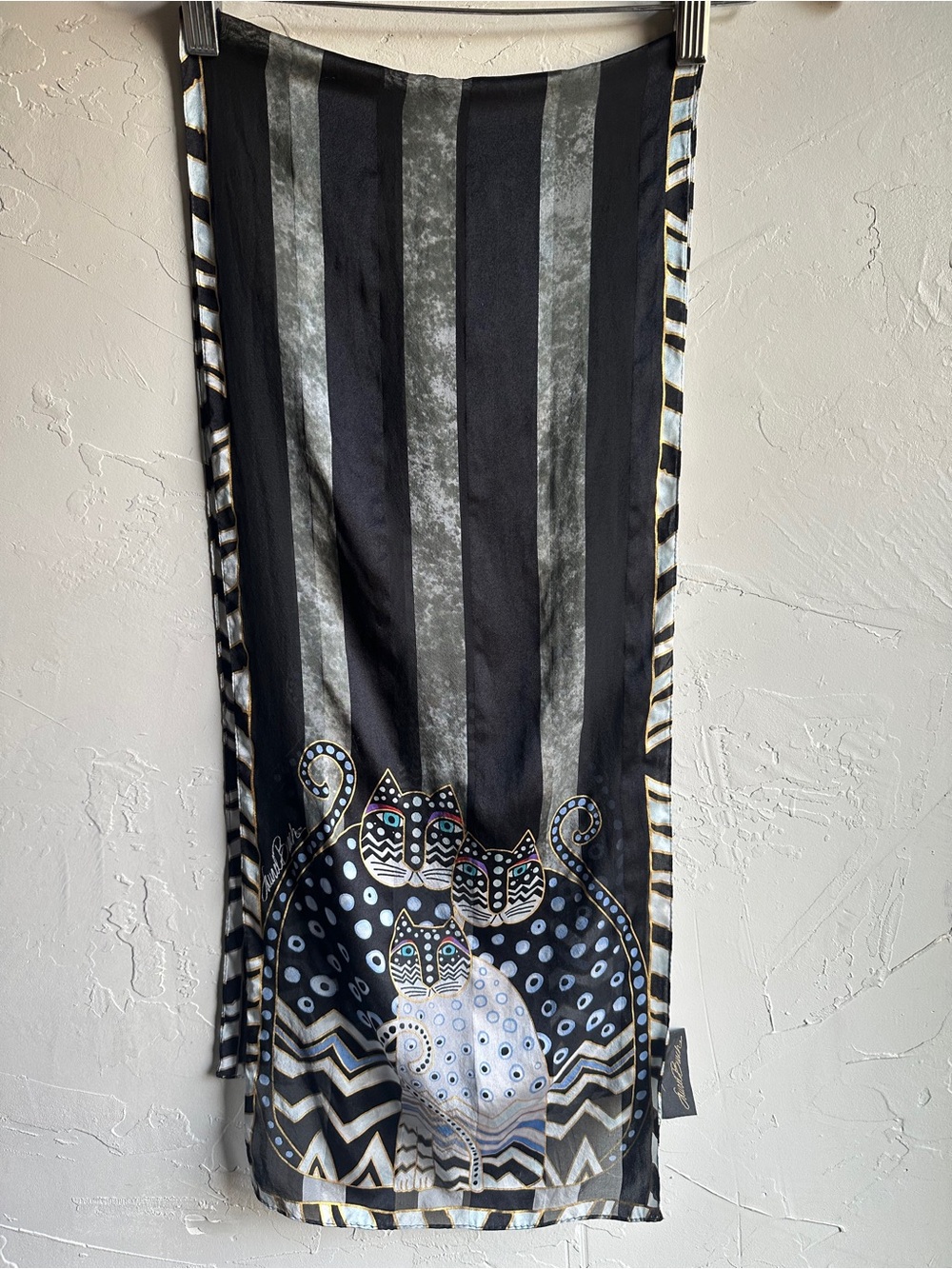 Laurel Burch 100% Silk Cat Scarf Black Blue Gold Art Artsy Wearable 52x11